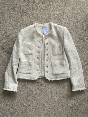 Mango Ivory Tweed Boxy Jacket with Gold Buttons